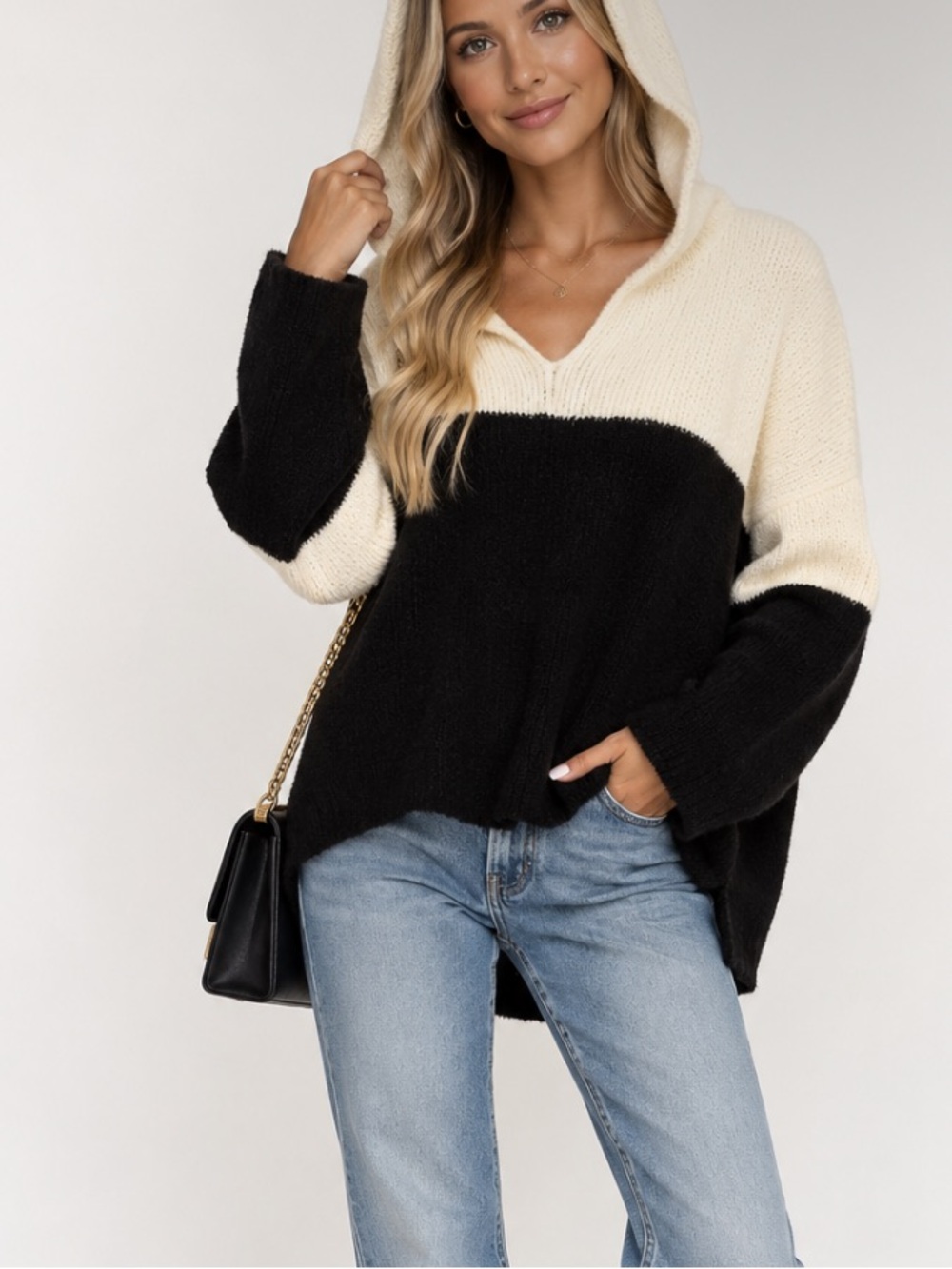 Wooden Ships | Black & Ivory Color block Open Knit Sweater Hoodie M/L
